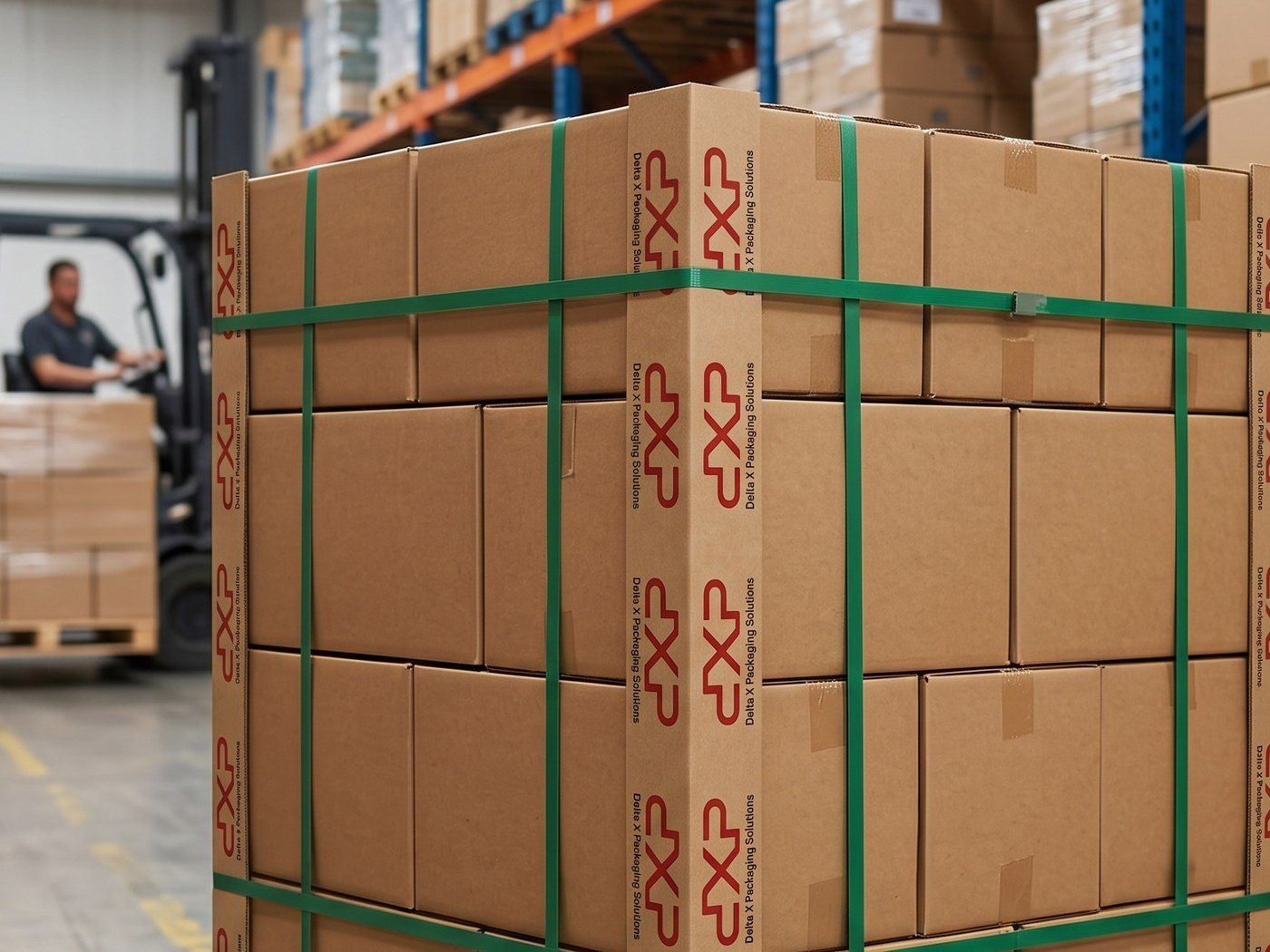 Pallet of cartons secured with DXP-printed edge boards and green strapping in a warehouse